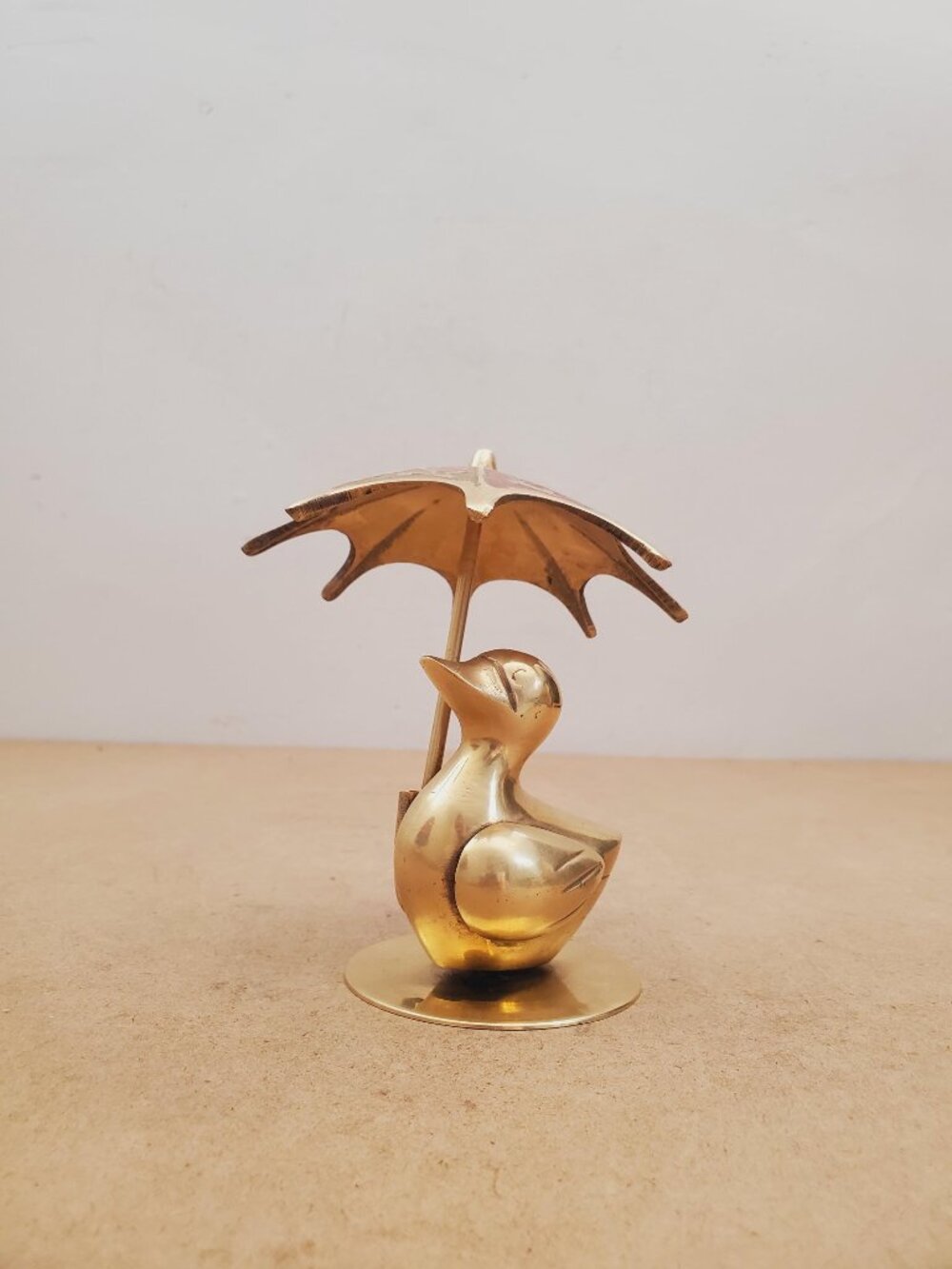 Vintage Brass Sculpture, duck Under Umbrella, Spring Art, Cute and Quirky Table